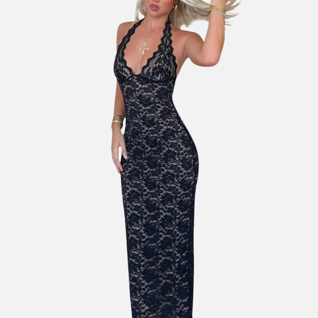 Women's Black Lace Formal Maxi Dress | Deep V Halter Neck Backless