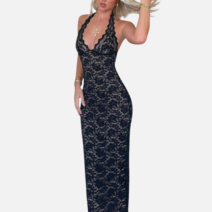 Women's Black Lace Formal Maxi Dress | Deep V Halter Neck Backless