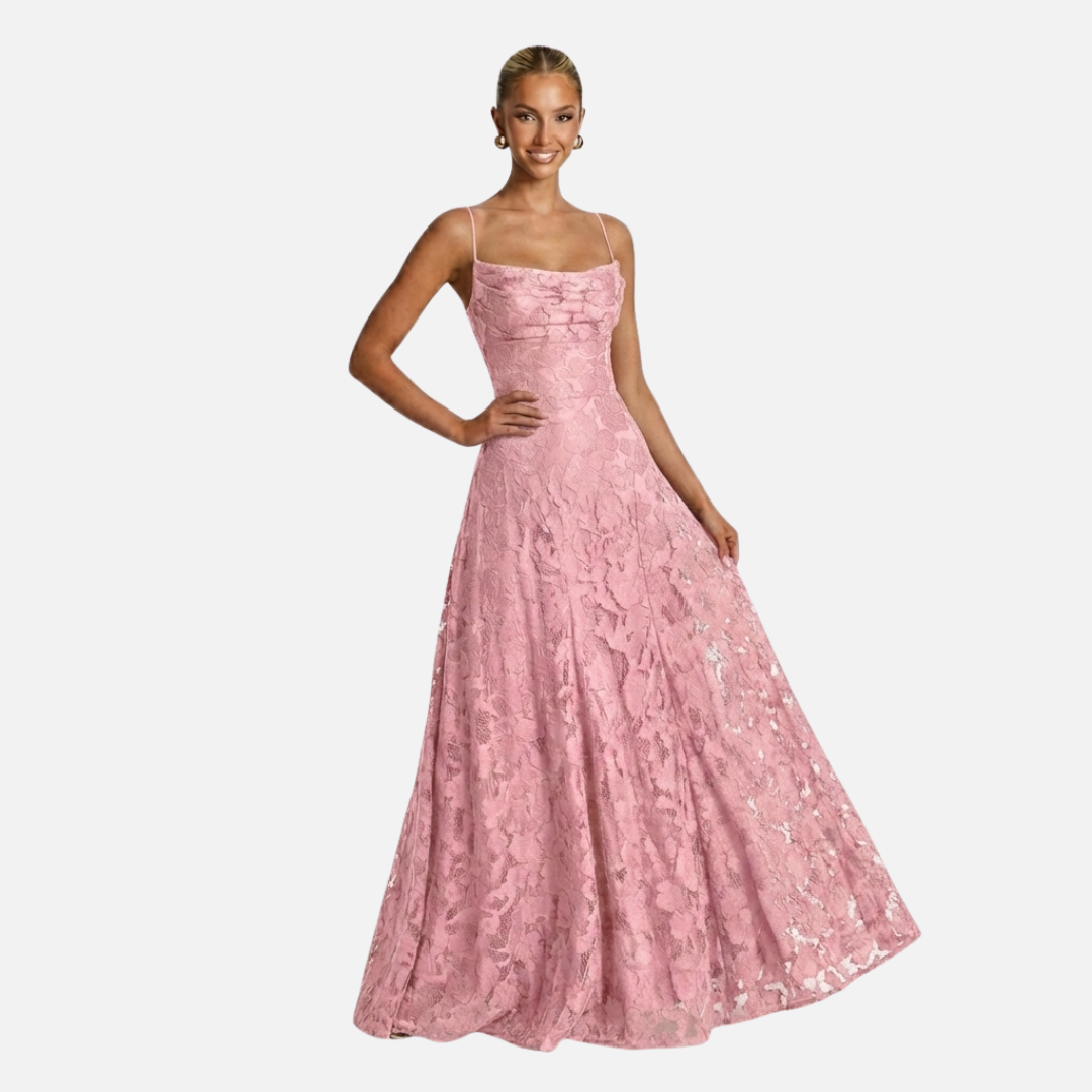 Elegante Vestido de Noche Largo de Encaje con Tirantes Delgados - Vestido de Novia Largo