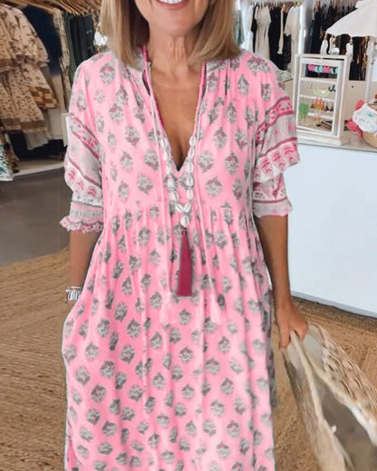 Women's Floral V-Neck Maxi Dress with Puff Sleeves