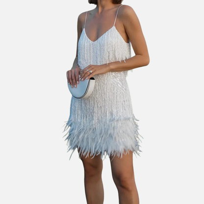 Minivestido de fiesta de plumas glamuroso para mujer
