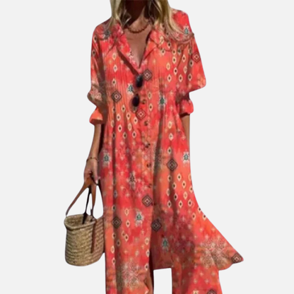 Vestido midi abstracto con cuello en V para mujer