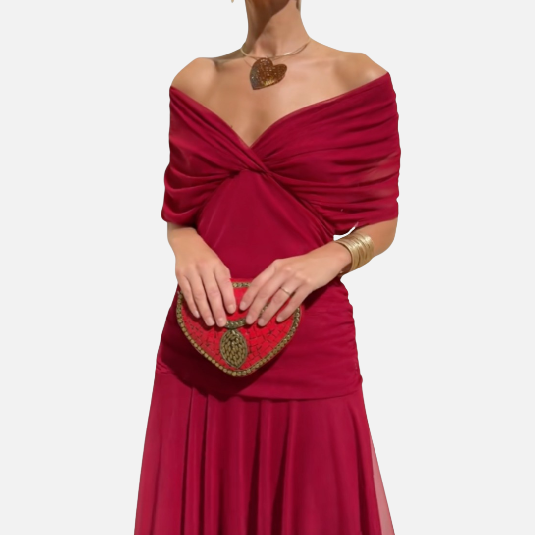 Vestido de gasa formal de mujer con hombros descubiertos | Nudo torcido en el corpiño para invitada de boda