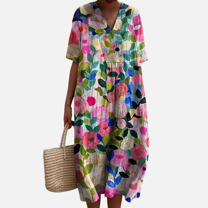 Vestido midi floral para mujer | Vestido de verano informal bohemio de manga corta con cuello en V