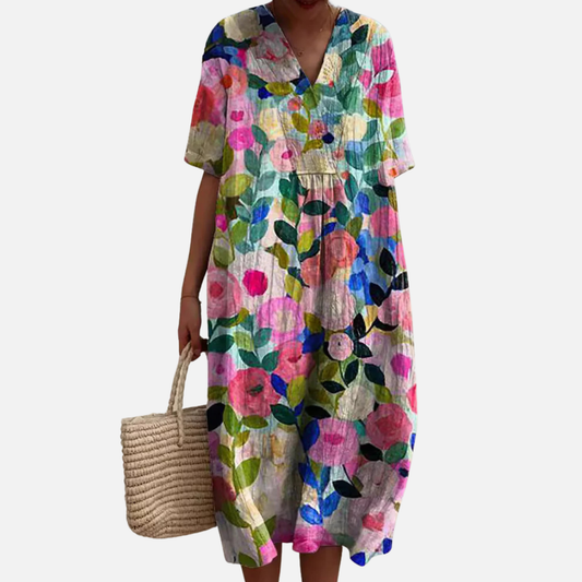 Women's Floral Midi Dress | V-Neck Short Sleeve Boho Casual Summer Dress