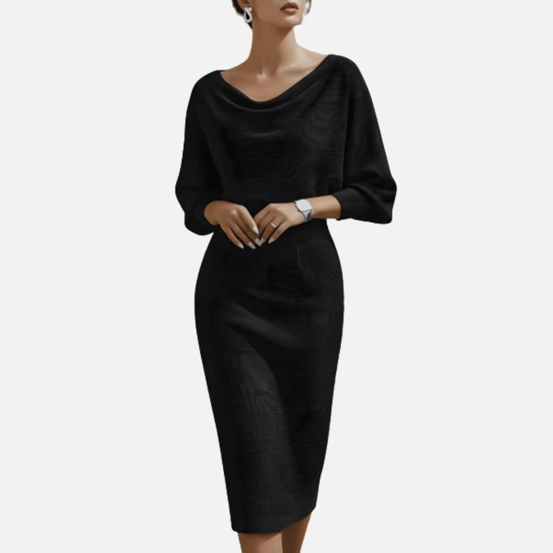 Vestido midi formal de punto con cuello desbocado y manga murciélago para mujer