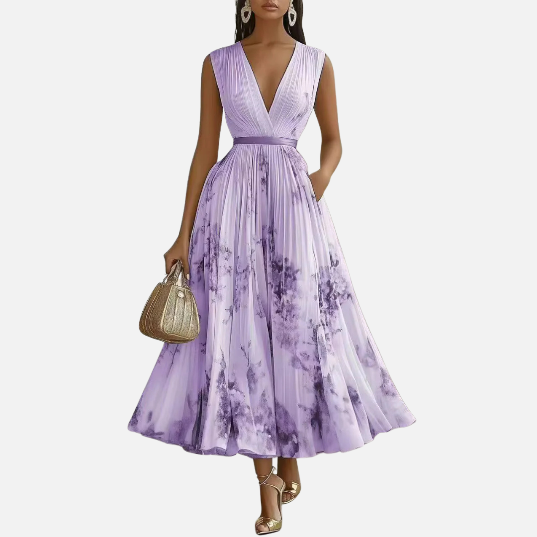 Women's Floral Chiffon Pleated Maxi Dress | V-Neck Puff Sleeve Wedding Guest Dress