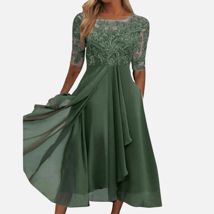 Vestido midi de encaje y gasa formal para mujer | Elegante para invitada de boda