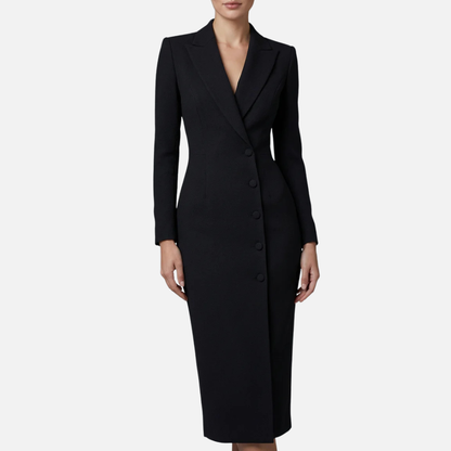 Women's Tailored Blazer Midi Dress | Single Button V-Neck Long Sleeve Work Dress