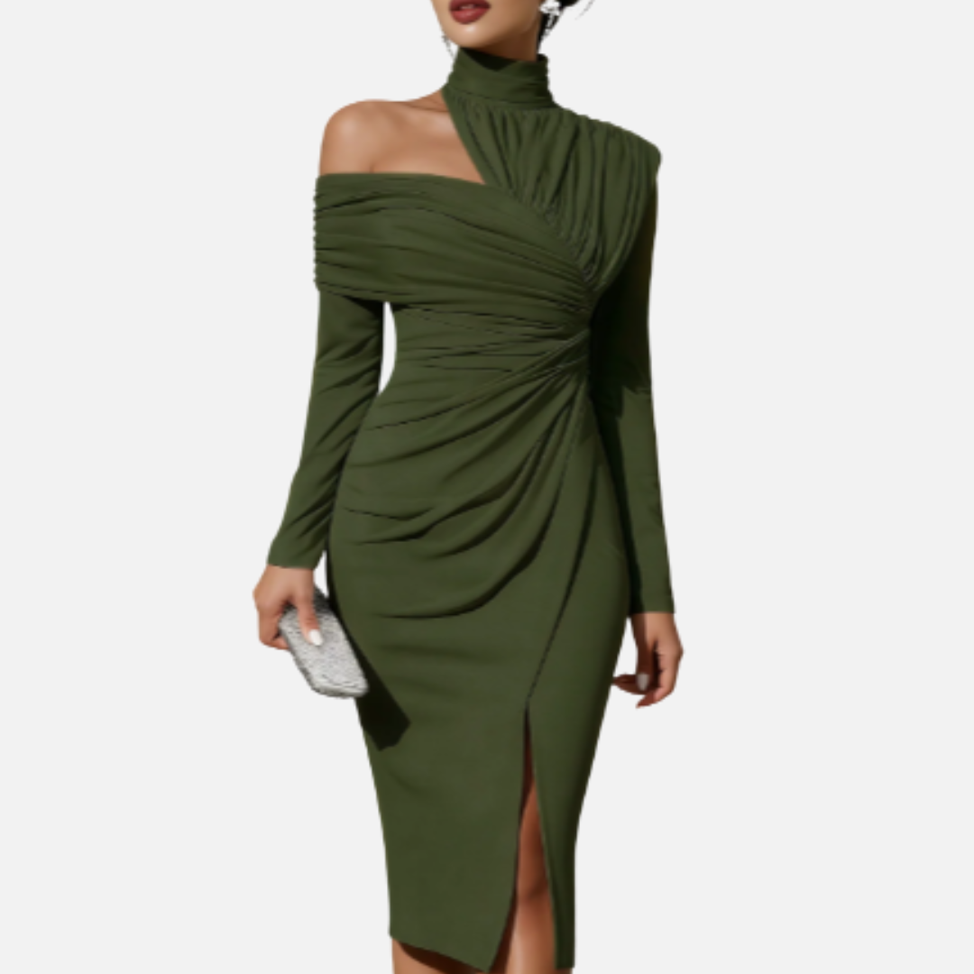 Vestido midi fruncido de cuello alto para mujer