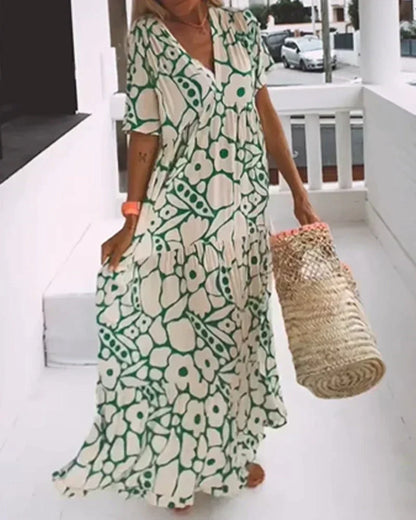 Women's Printed Maxi Dress with V-Neck and Short Sleeves