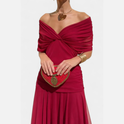 Vestido midi fruncido para mujer con hombros descubiertos