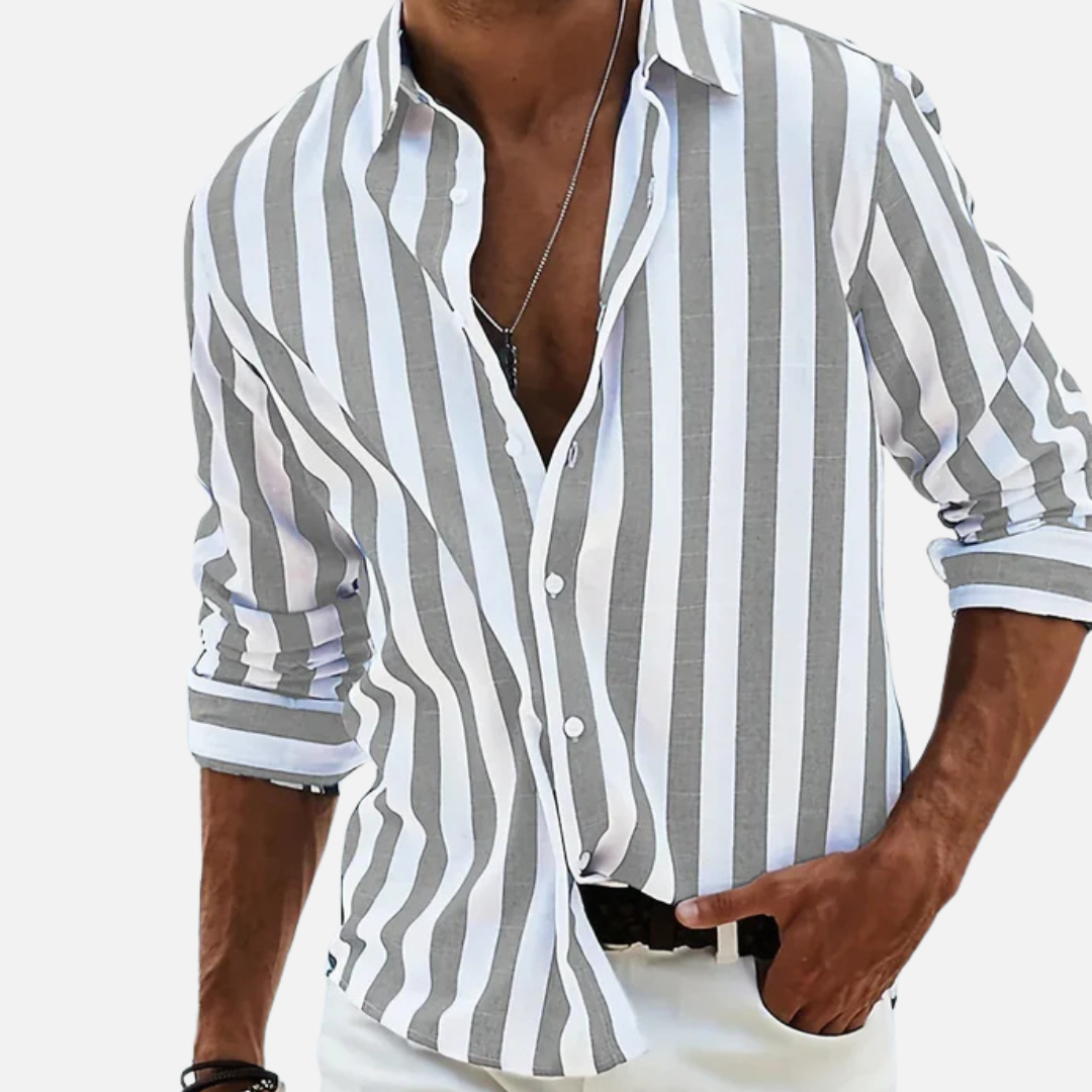 Camisa de manga larga de rayas para hombre | Camisa casual de playa con botones