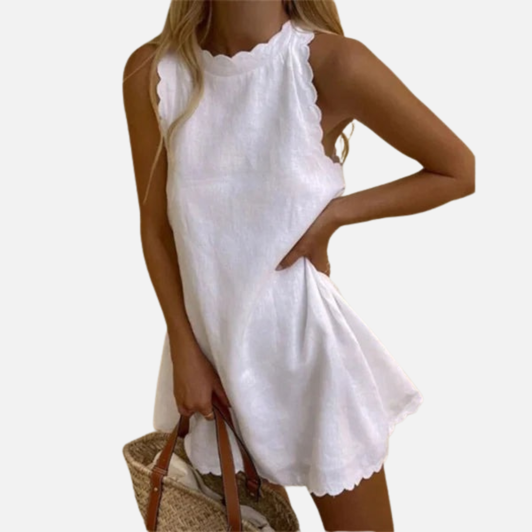 Vestido corto de lino sin mangas para mujer | Con cuello halter y vaporoso para verano