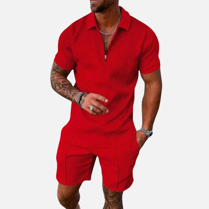 Conjunto de polo texturizado y shorts para hombre | Conjunto de cuello con cremallera informal de verano a juego