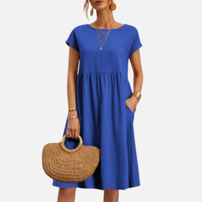 Vestido midi informal de lino para mujer | Vestido estilo smock de manga corta