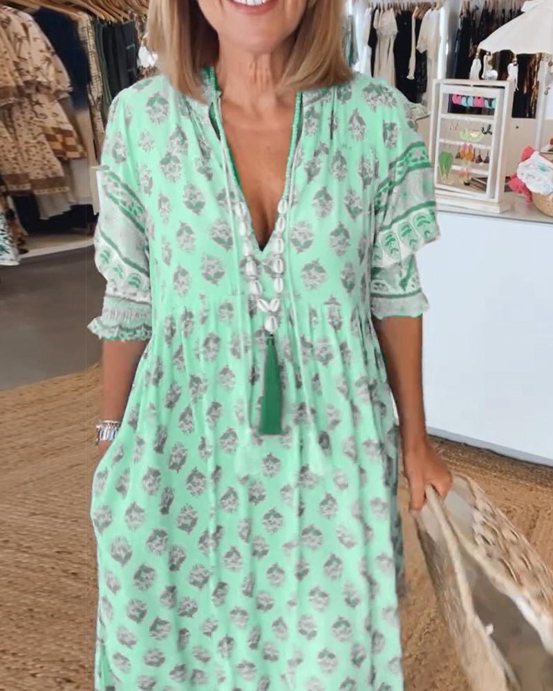 Women's Floral V-Neck Maxi Dress with Puff Sleeves