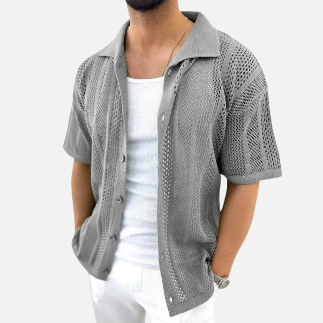 Men's Open Knit Cuban Collar Shirt | Short Sleeve Crochet Button-Up Beach Shirt