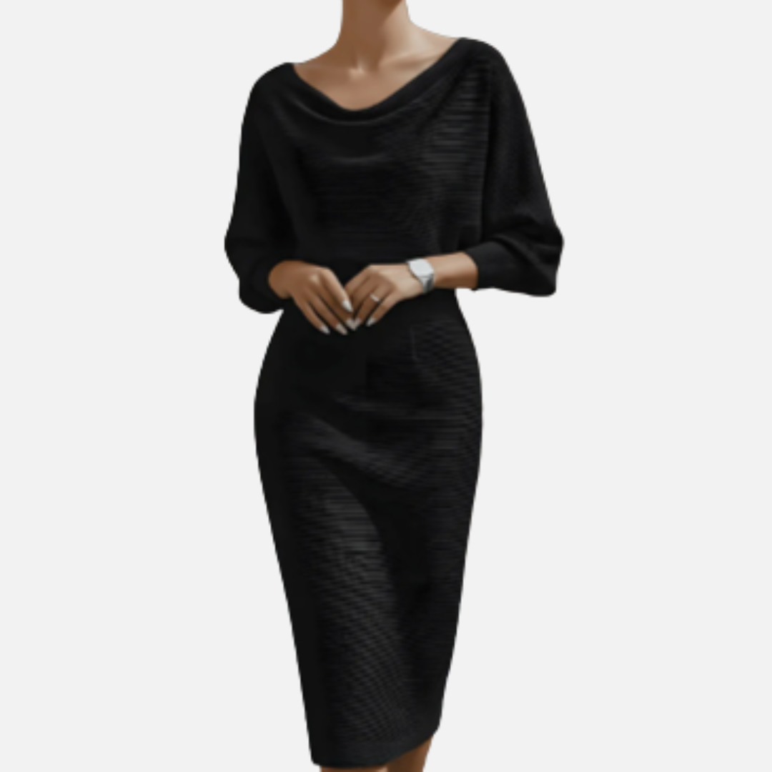 Vestido midi de punto buclé con cuello vuelto y manga murciélago para mujer