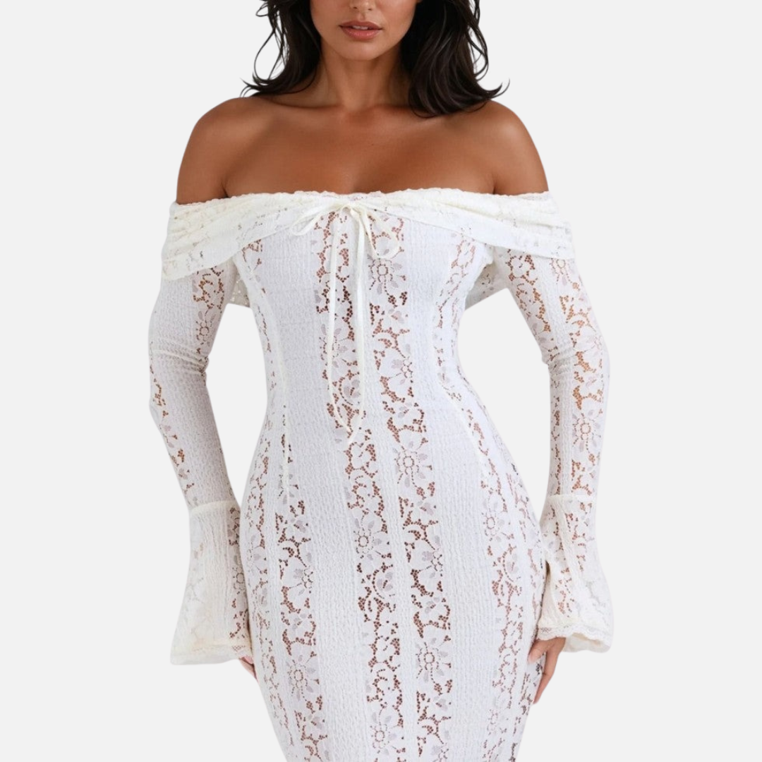 Vestido largo de encaje con hombros descubiertos para mujer - Elegante vestido de noche corte sirena