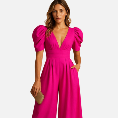 Mono de pierna ancha y manga abullonada para mujer - Ropa elegante para resort