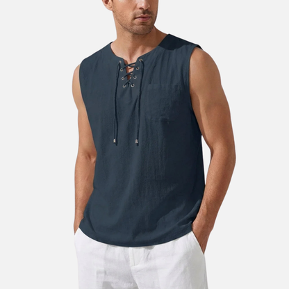 Camiseta sin mangas de lino para hombre | Chaleco de playa con cuello de pico y cordones