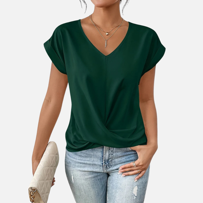 Camiseta de manga corta para mujer con cuello de pico y nudo delantero