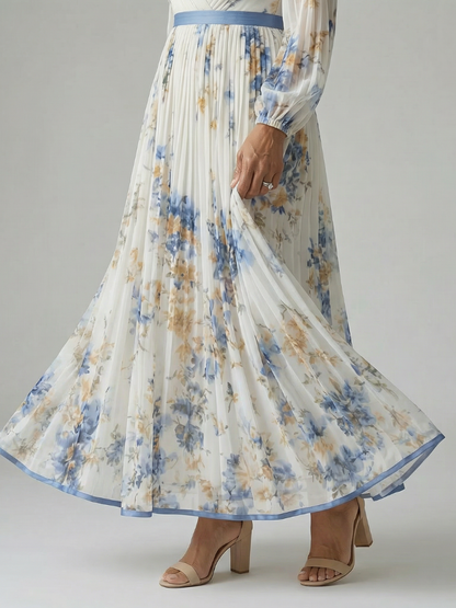 Women's Wrap Midi Dress – Floral Pleated, Long Sleeve, Chiffon