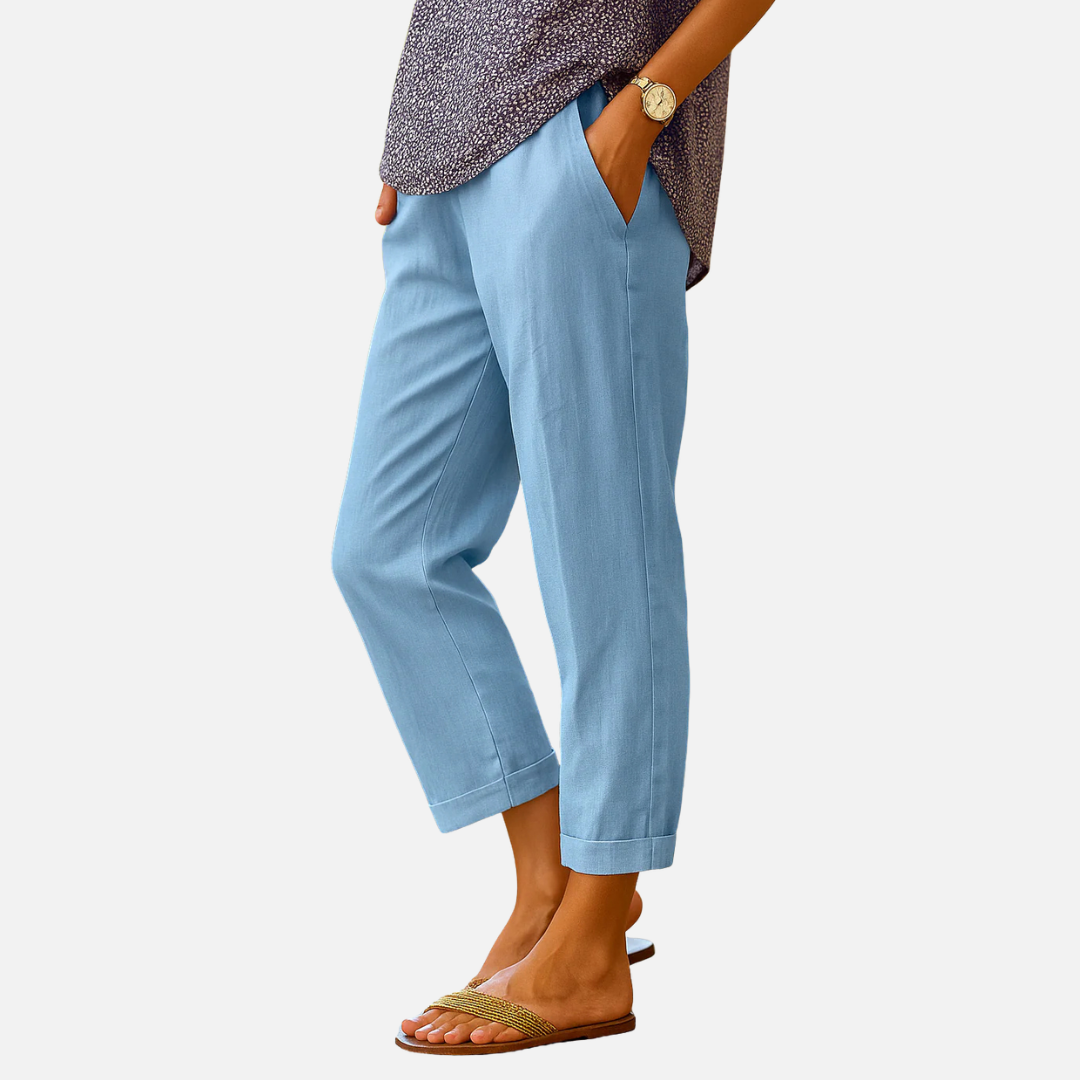 Pantalones casuales de lino para mujer - Pantalones capri cónicos de ajuste relajado