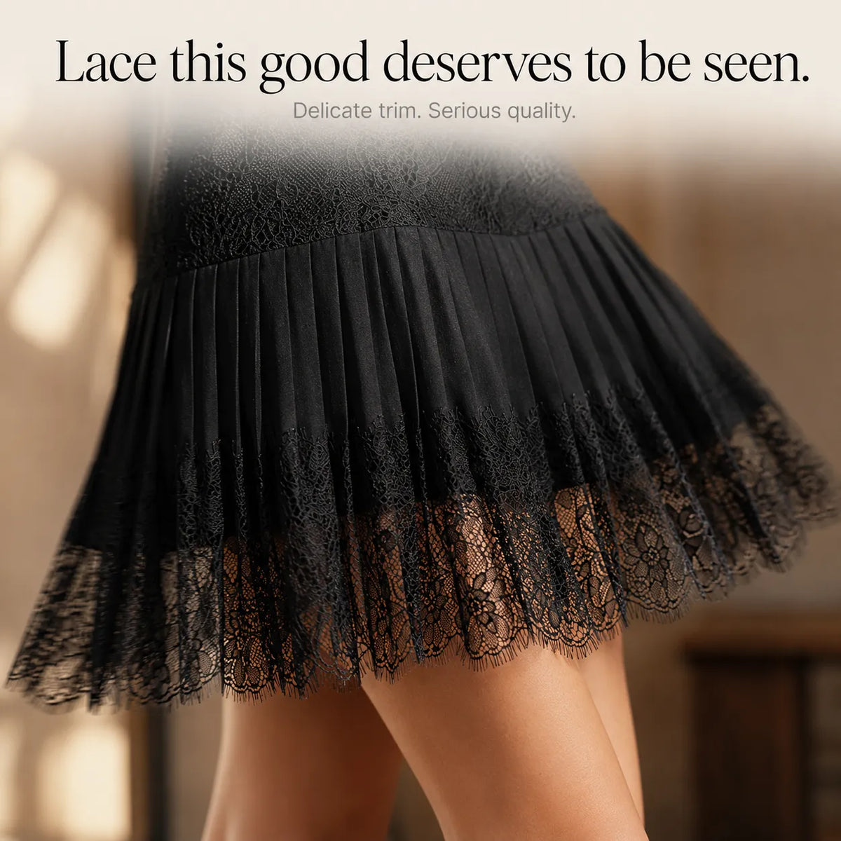 Women's Pleated Mini Skirt – Lace Trim, Elasticised Waistband