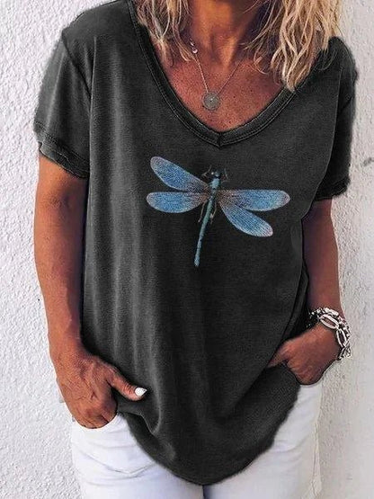 Women's V-Neck T-Shirt with Dragonfly Print