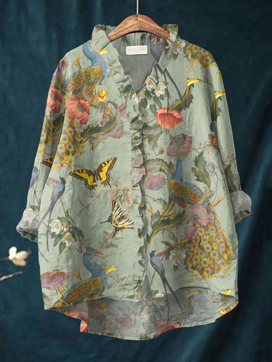 Women's Nature Print Blouse with Ruffle Placket