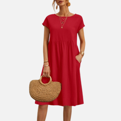 Vestido midi informal de lino para mujer | Vestido estilo smock de manga corta