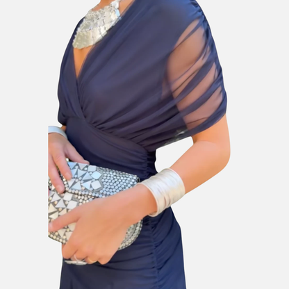 Vestido de gasa formal de mujer con hombros descubiertos | Nudo torcido en el corpiño para invitada de boda