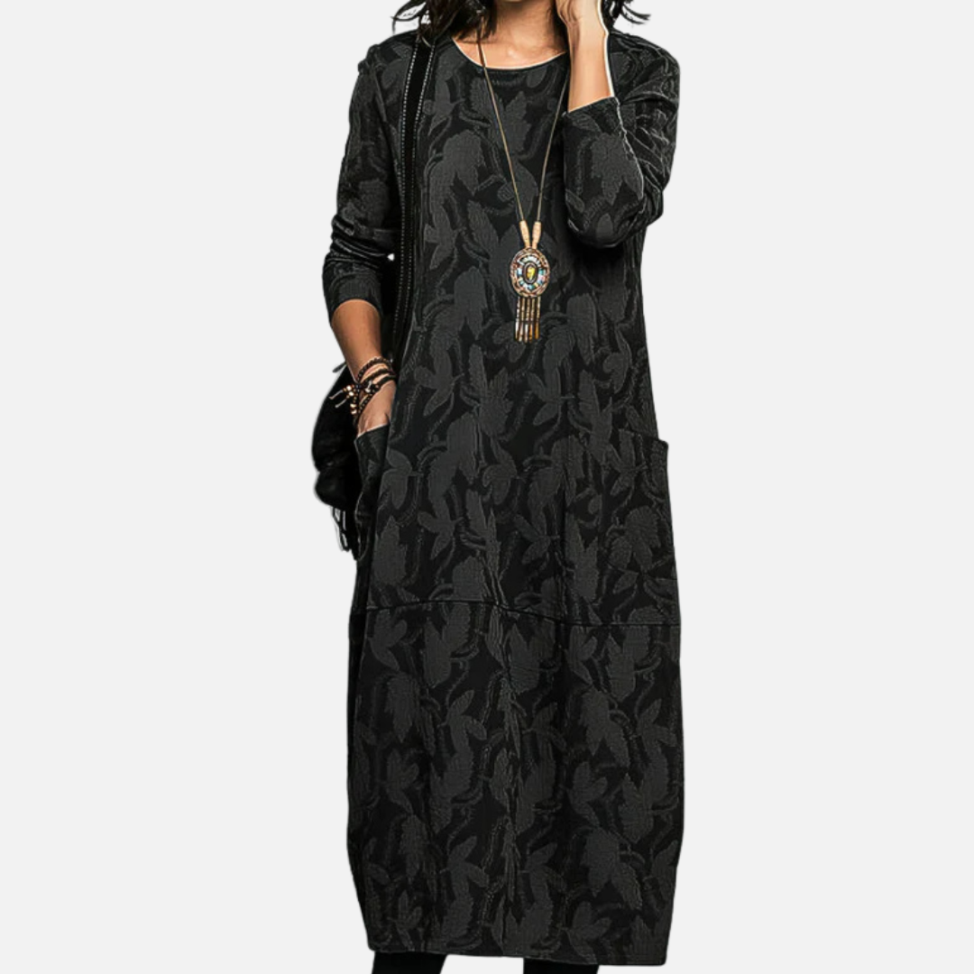 Maxivestido jacquard de manga larga para mujer | Estampado abstracto extragrande