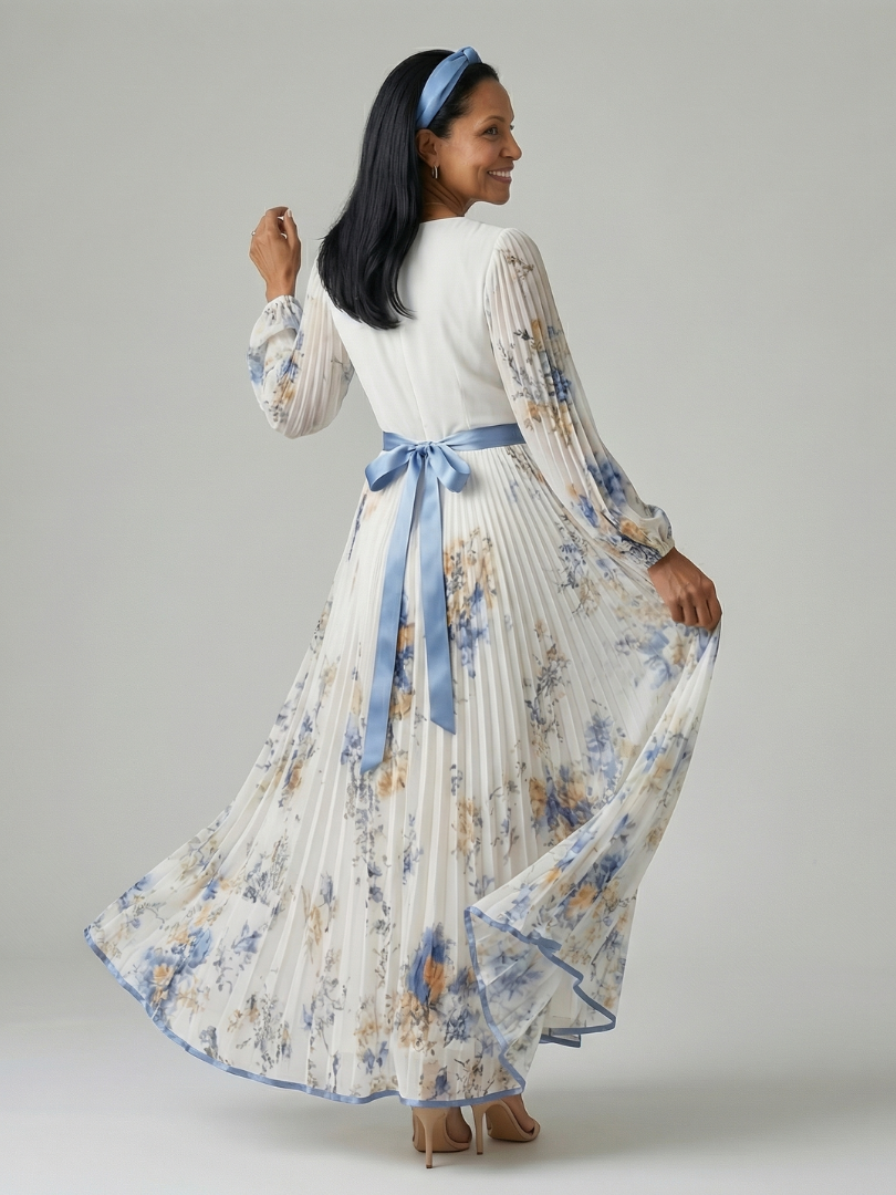 Women's Wrap Midi Dress – Floral Pleated, Long Sleeve, Chiffon