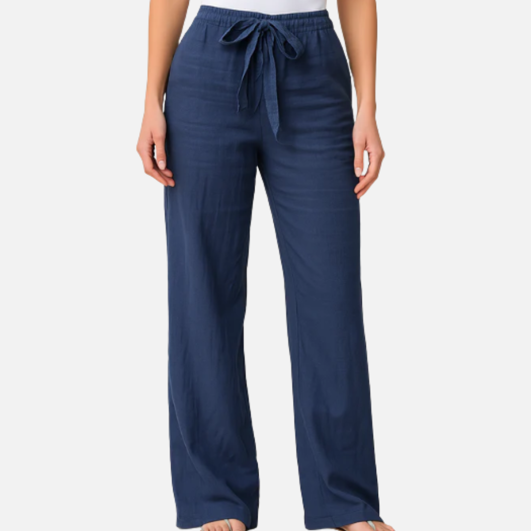 Pantalones de lino de mujer de cintura alta y pierna ancha | Pantalones Palazzo con lazo en la cintura