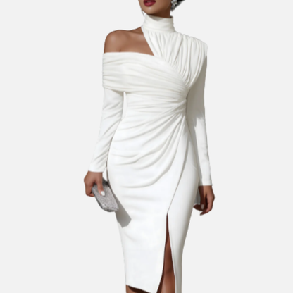 Vestido midi fruncido de cuello alto para mujer