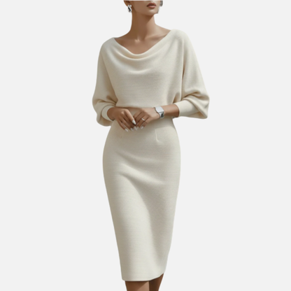Vestido midi formal de punto con cuello desbocado y manga murciélago para mujer