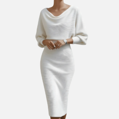 Vestido midi de punto buclé con cuello vuelto y manga murciélago para mujer