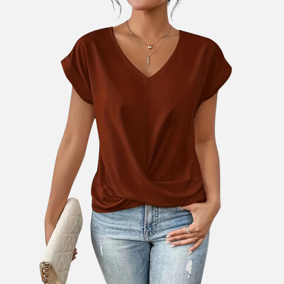 Camiseta de manga corta para mujer con cuello de pico y nudo delantero