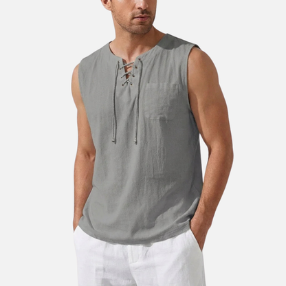 Camiseta sin mangas de lino para hombre | Chaleco de playa con cuello de pico y cordones