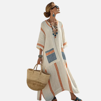 Vestido transpirable de lino a rayas para mujer