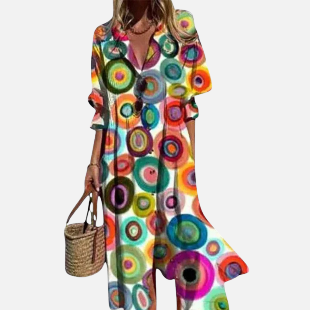 Vestido midi abstracto con cuello en V para mujer