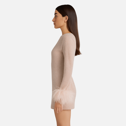Minivestido de lentejuelas brillantes para mujer - Elegante vestido de fiesta con puños de plumas