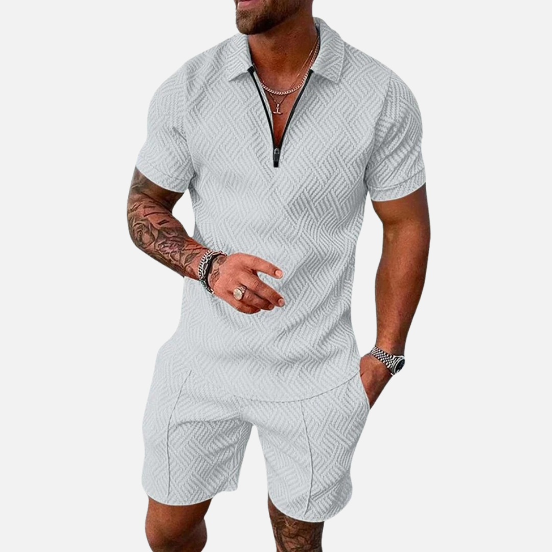 Conjunto de polo texturizado y shorts para hombre | Conjunto de cuello con cremallera informal de verano a juego