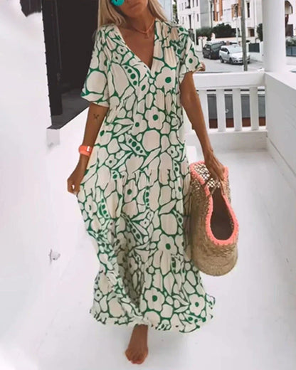 Women's Printed Maxi Dress with V-Neck and Short Sleeves