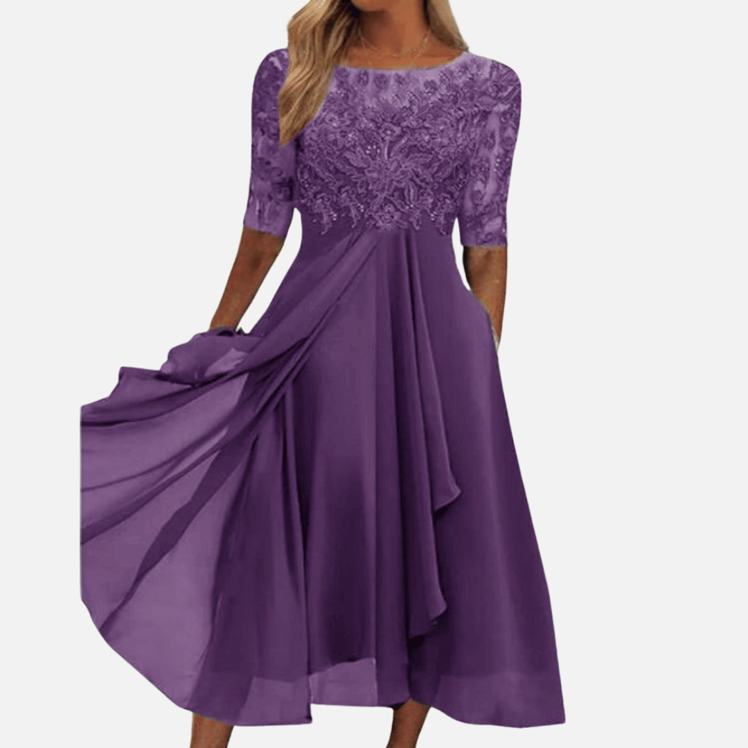 Vestido midi de encaje y gasa formal para mujer | Elegante para invitada de boda