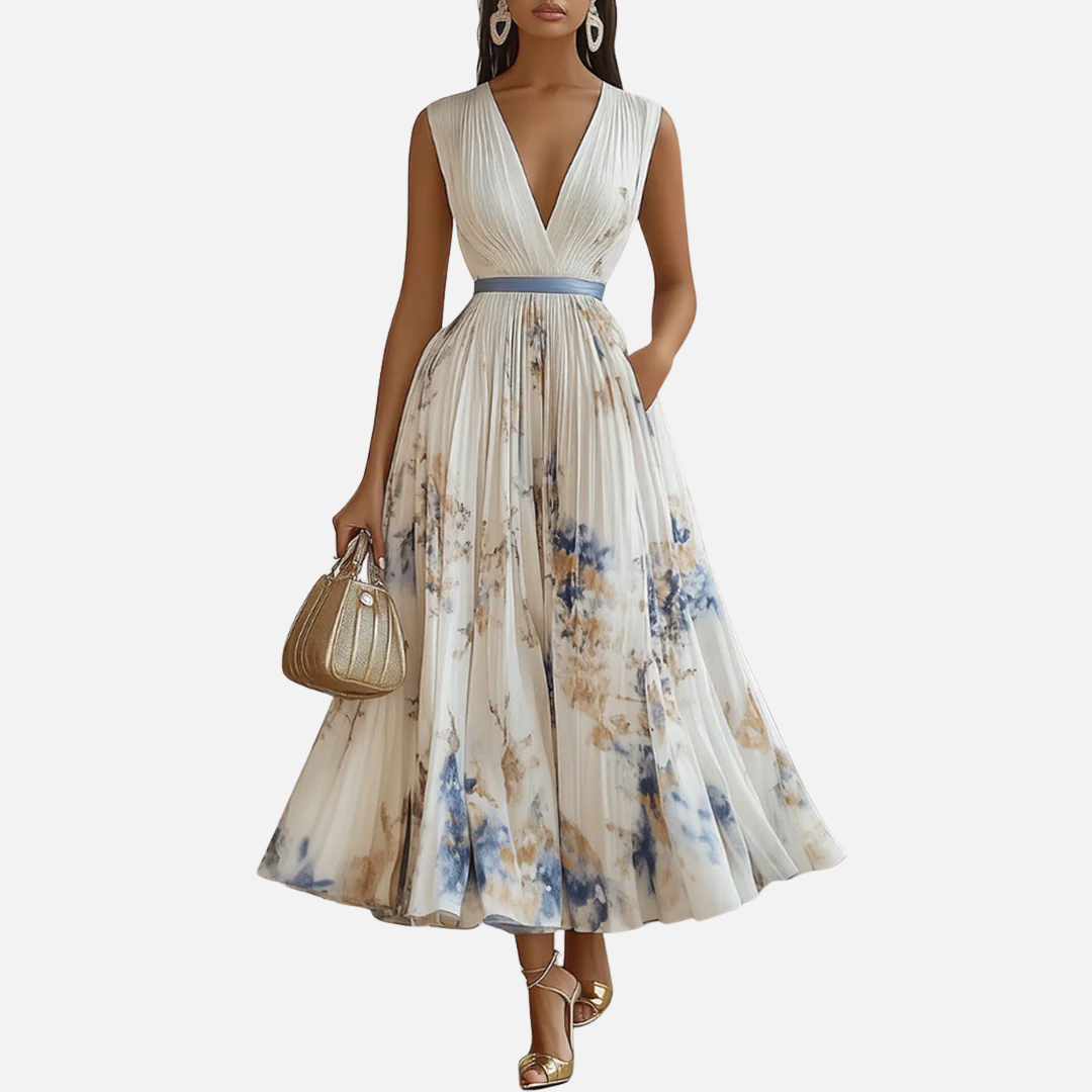 Women's Floral Chiffon Pleated Maxi Dress | V-Neck Puff Sleeve Wedding Guest Dress