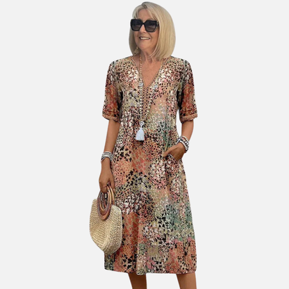 Vestido midi bohemio con cuello en V y estampado para mujer